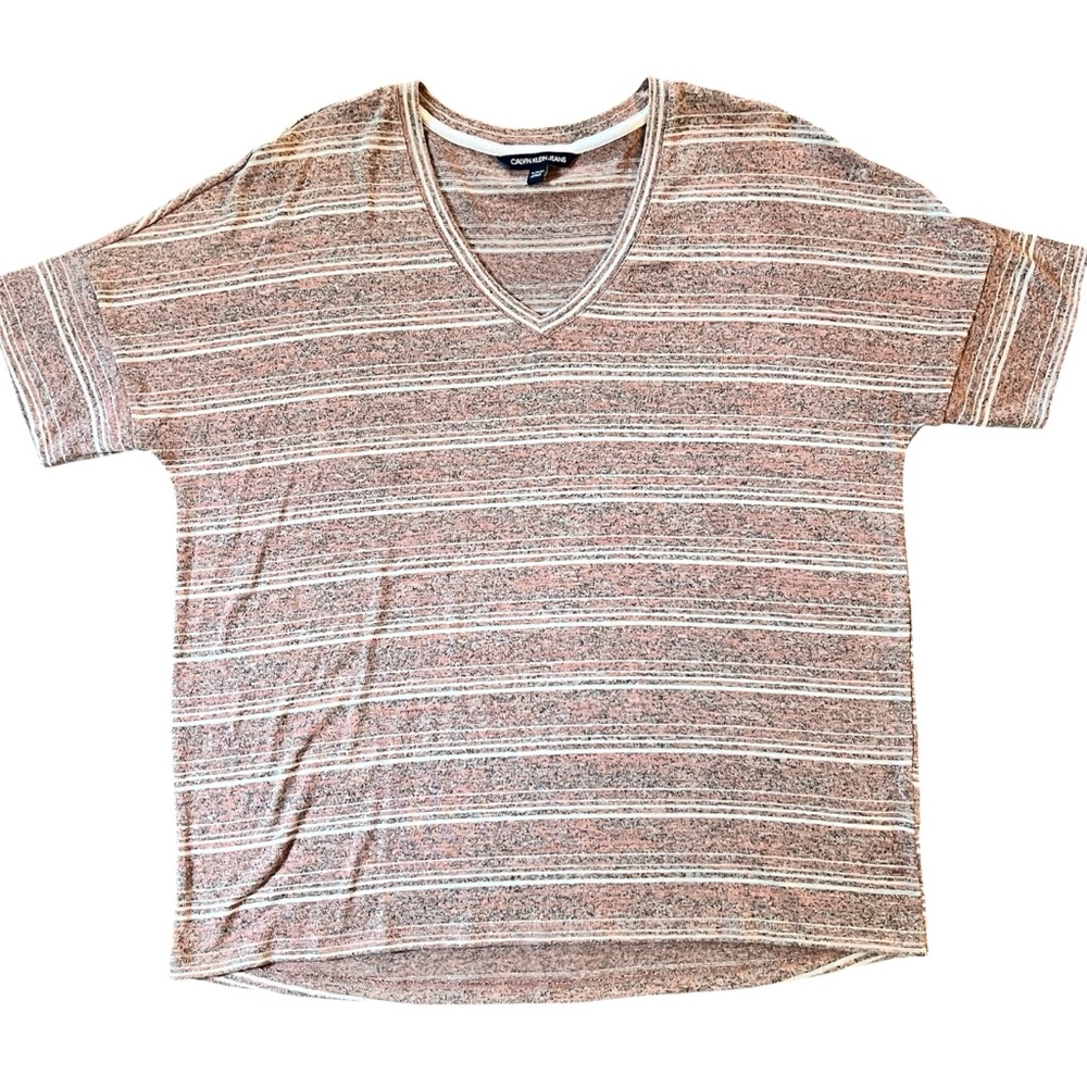 Calvin Klein Jeans pink, gray and White Striped V-Neck Tee xl